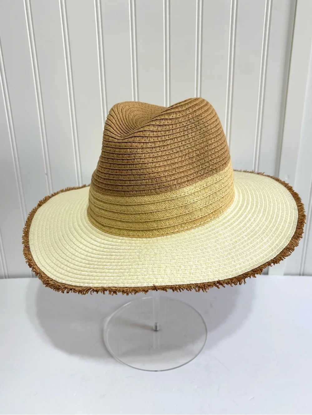 Jacobson Hat Two Tone Straw Sun Hat Wide Brim Frayed Edge Beach 21.5”